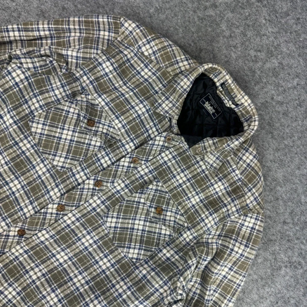 Levi Strauss Mens XL Quilted Lined Flannel Shirt Jacket Shacket Plaid Green Blue